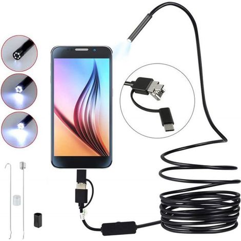Endoscope - Caméra D'inspection 8 mm - Câble Semi-rigide 2 m - Étanche IP67 - 6 LED Réglables - Compatible USB Micro-USB Type-C (1/5)