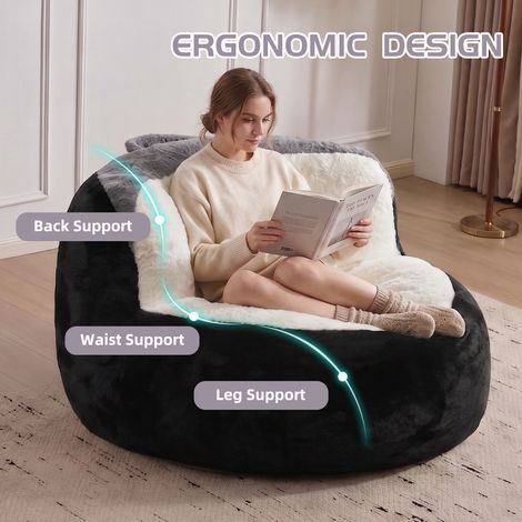 Fauteuil poire géant, canapé lounge en fausse fourrure multicolore, rembourré de mousse déchiquetée, grand pouf pour salon, sans montage, noir+blanc+gris (1/5)
