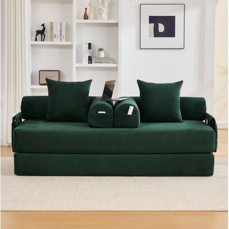 Sofá modular 200x94x67 cm, plegable, con bolsillo lateral y 3 cojines, pana verde esmeralda (1/5)