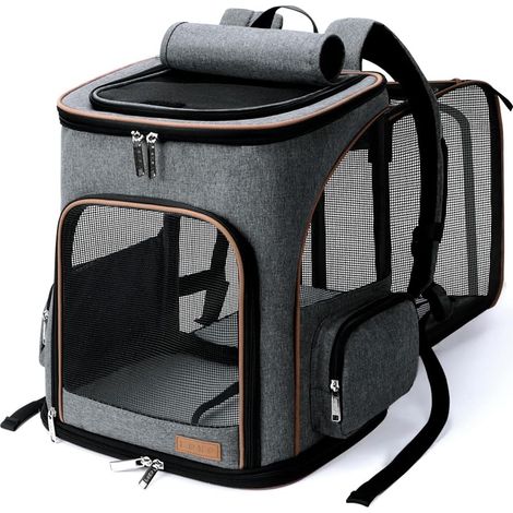 Sac à dos, extensible, pour chat et petit chien, avec laisse de sécurité intérieure et 2 tapis pour animaux de compagnie, gris