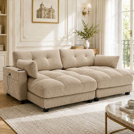 Modulares Cordsofa 2-Sitzer Khaki, teilbar in 2 Einzelsitze, Loungesofa mit USB-Anschluss, Getränkehalter & Seitentaschen, 224x140x81 cm (1/5)