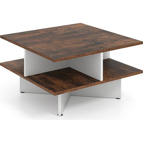 Tavolino da caffè a 2 livelli con 4 scomparti per storage, Tavolo centrale per soggiorno da 60 cm Marrone Rustico e Bianco (1/5)