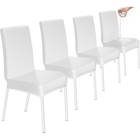 Lot de 4 housses de chaise de salle à manger à dossier haut extensibles et lavables en similicuir pour salle à manger, cuisine, hôtel, restaurant, maison, mariage – Blanc (1/5)