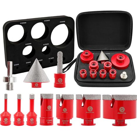 Foret Diamant Carrelage Kit - 10 pièces (6/6/8/25/35/50/68mm+10mm Fraise+50mm Mèches Chanfrein Biseautées+Adaptateur) Scie Cloche Diamantée pour Porcelaine Carrelage Marbre Granit (1/5)