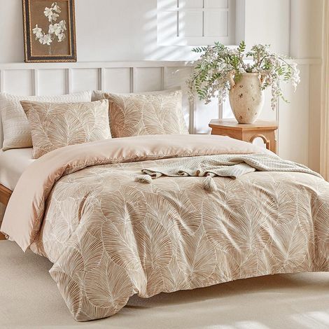 Ensemble de literie lit double 200x200 cm, microfibre, motif feuilles tropicales, beige