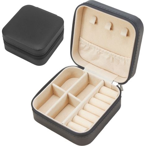 Boîte à bijoux - Boîte à bijoux pour fille - Boîte à bijoux - Boîte à bijoux en cuir pour adulte - 10 cm x 10 cm x 5 cm - Noire (1/5)