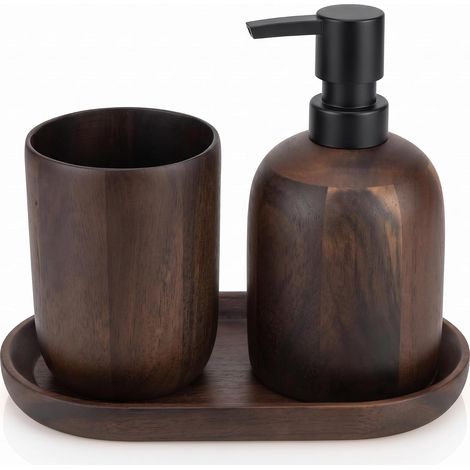 Ensemble d'accessoires de salle de bain en bois de style japonais, distributeur de savon avec tasse de bain de bouche et plateau, noir, fait à la main pour maison, bureau, hôtel (1/5)