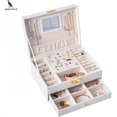 ® – Luxuriöses 2-stöckiges Schmuckkästchen – Modisches Schmuckkästchen – Schmuckkoffer – Ringe/Ohrringe/Halskette/Uhr – Damen/Mädchen – Weiß (1/5)