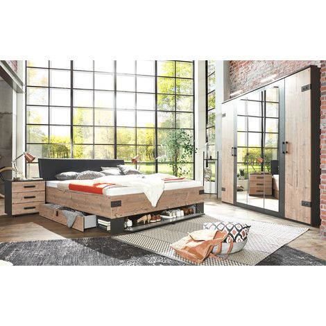 Chambre à coucher complète adulte (lit 180 x 200cm + 2 chevets + armoire) coloris imitation chêne/gris foncé -PEGANE-