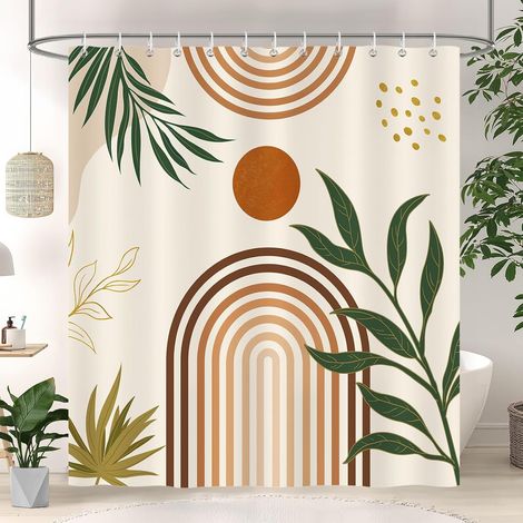 Rideau de Douche Boho Milieu du Siècle, Rideau de Baignoire Olive Feuille Abstrait Arc Moderne 180 x 180 cm Polyester Imperméable Résistant à la Moisissure 12 Crochets (1/5)