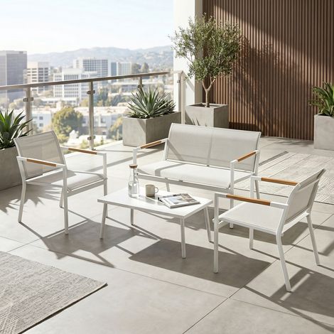 Salon de Jardin 4 Pièces Textilène, Canapé, 2 Fauteuils, Table Métal, 106x70,5x77 cm, Crème (1/5)