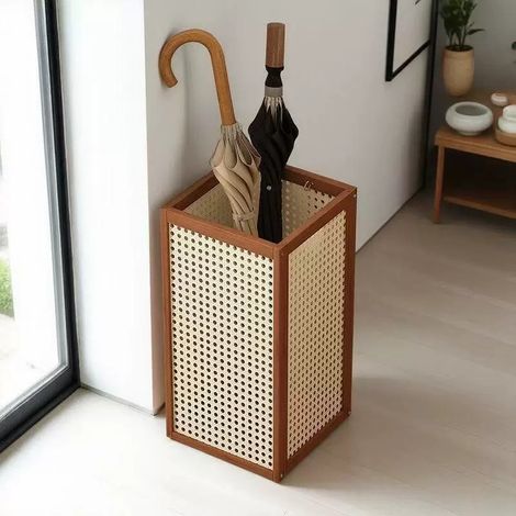 Porte parapluie en bois massif style chinois, panier en rotin pour entrée et couloir, rangement au sol pour maison et hall d’accueil