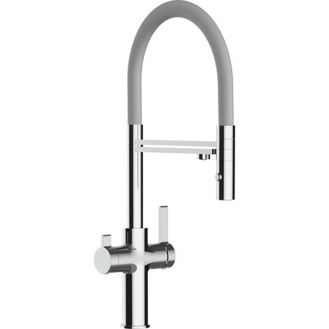 Robinet de Cuisine Mitigeur 3 voies chromé bec gris orientable et douchette 2 jets détachable FC VIZIO (1/5)