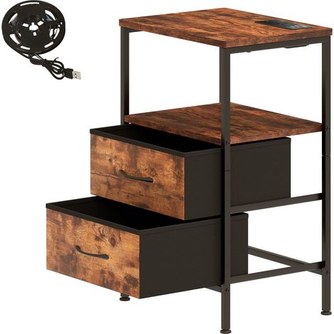 Levede LED Bedside Table 2 Drawers USB Ports Sofa End Table in Brown Black