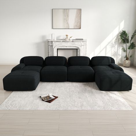 Divano panoramico a U 388x178x75 cm - Divano modulare in velluto a coste traspirante con braccioli larghi - Schiuma ad alta resilienza 32D - Nero