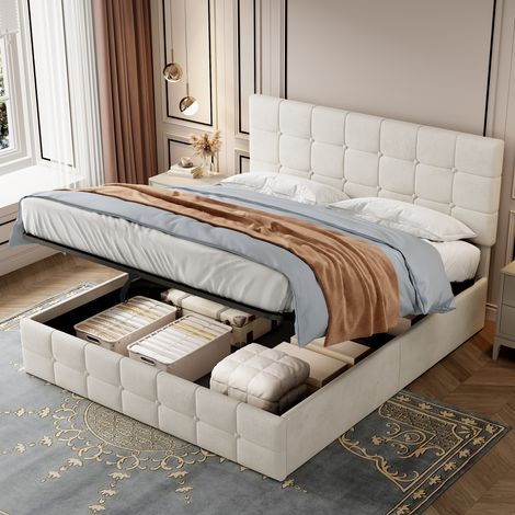4ft6 Double Upholstered Storage Bed Frame, Velvet Ottoman Bed with Hydraulic Storage, Double Bed with Adjustable Button Tufted Headboard, Metal-Wood Support, No Mattress, Beige
