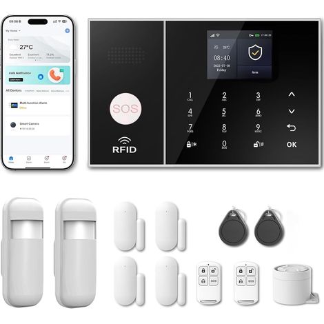 Sistema de alarma inalámbrico WiFi + 4G para casas y apartamentos, kit de alarma inteligente con conectividad Smart Life, alertas por llamada y SMS, compatible con Alexa y Google Assistant (conjunto d (1/5)