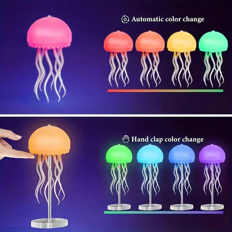 Lámpara de medusa dinámica con degradado RGB, 2 modos de luz (automático y activación por sonido), pantalla de plástico con carga USB y control por botón para fiestas y habitaciones navideñas. (1/5)