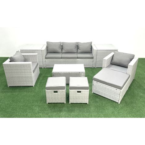 Fimous Polyrattan Sitzgruppe mit Rechteckiger Couchtisch 2 Sesseln 3 Fußhockern 2 Beistelltischen Hellgrau gemischt (1/5)