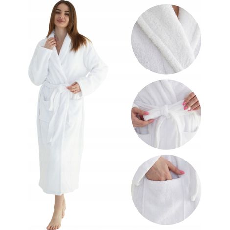 Weißer Damen-Frotteebademantel mit Taschen, 100 % Baumwolle, weich, Größe 2XL (1/5)
