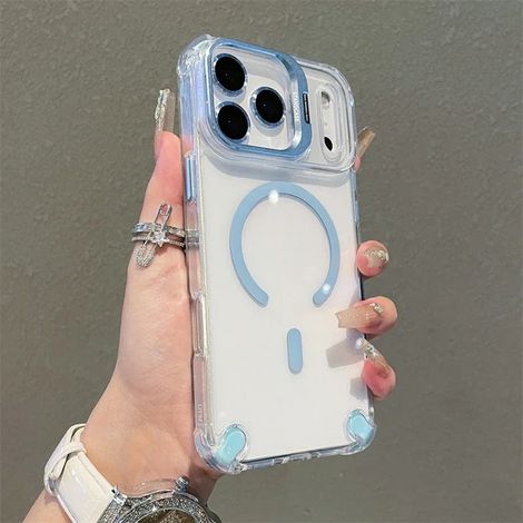 (Bleu, iPhone 16 Plus) Étui de téléphone avec protection d'objectif en verre, support et cadre antichoc.