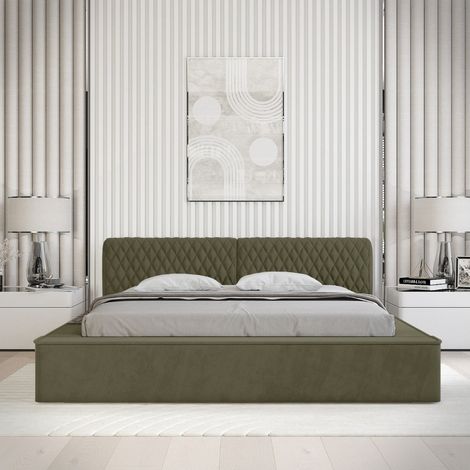 Cama con arcón VERNON – Tela de chenilla rizada Hoja de olivo – 140x200 cm – Somier elevable – Diseño de alta gama