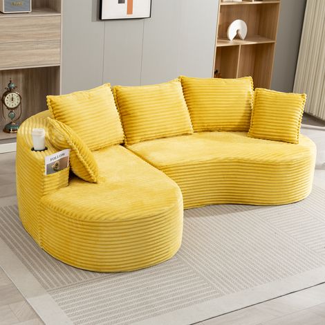 Divano in velluto a coste giallo senape 250x152x82 cm con portabicchieri, tasche laterali e cuscino