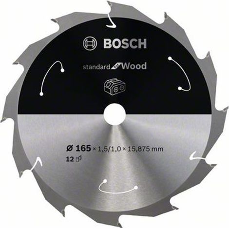 Bosch Akku-Kreissägeblatt Standard for Wood, 165 x 1,5/1 x 15,87, 12 Zähne, Freiwinkel 10°, Spanwinkel 25°