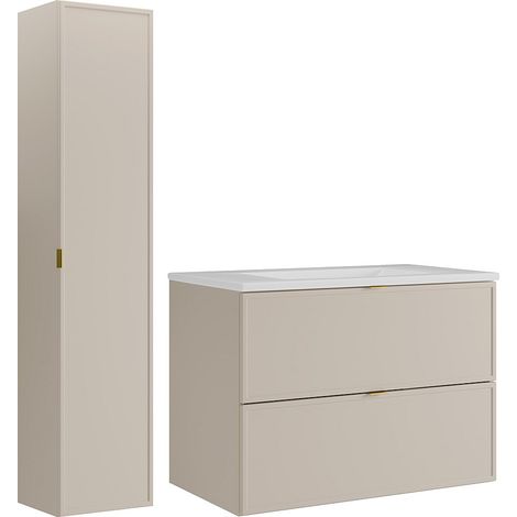 Meuble de salle de bain suspendu avec vasque à encastrer et colonne - Beige - 80 cm - ONDIL (1/4)