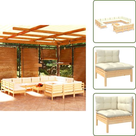 Salon de jardin 14 pcs avec coussins crème Bois de pin - Ensemble Salon De Jardin - Mobilier De Jardin - Salon De Patio - Meubles De Jardin - Chaise Longue (1/5)