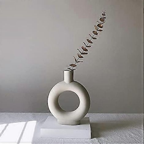 Vase en céramique blanche, style minimaliste et abstrait, idéal pour les centres de table et les cadeaux. Vase géométrique moderne, parfait pour la décoration intérieure (forme O). (1/5)