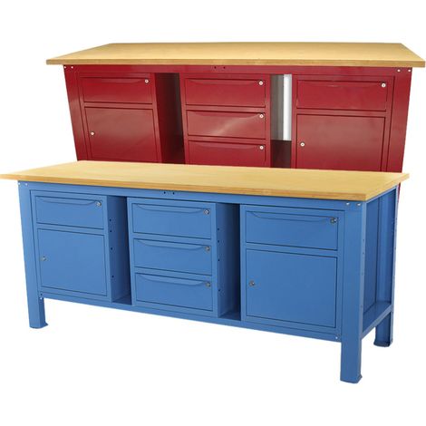 Banco lavoro SOGI 2m piano legno + 2 armadi con anta e cassetto + armadio a 3 cassetti - blu/rosso, ColoreBlu (1/5)