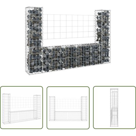 The Living Store Gabionenkorb U-Form mit 2 Säulen Eisen 140x20x100 cm - Gabionenkorb - Gabione - Gartenzaun - Staketenzaun - Terrassenabtrennung (1/5)