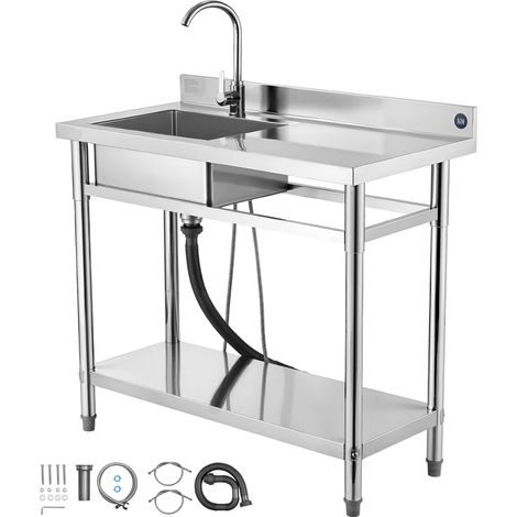 Mophorn Fregadero de cocina de acero inoxidable con cubeta izquierda,incluye grifo y tuberías para agua fría y caliente,ideal para garajes, restaurantes y lavanderías,dimensiones 100 x 50 x 94cm,plata
