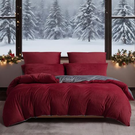Winter Bettwäsche 200x200 cm Flanell Rot Grau Wendebettwäsche 3-teilig mit Reißverschluss