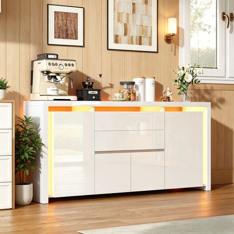 JOOKGBD-Credenza con LED,Mobile da Sala da Pranzo Moderno con 4 Ante e 2 Cassetti,Mobile TV,Credenza Bassa Mobili da Giorno,Comò Basso con Cassetto per Cucina,Corridoio,Soggiorno,Bianco