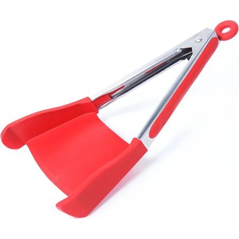 Pince et grattoir de cuisine intelligents 2 en 1, résistants à la chaleur, avec cadre en acier inoxydable antiadhésif et poignées en silicone. Ustensile de cuisine rouge. (1/5)