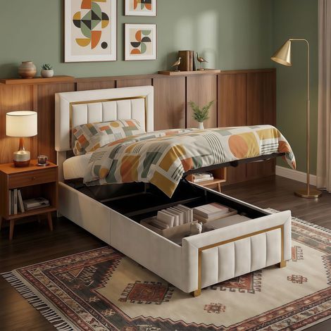 Lit Coffre 90x200 cm Simple en Velours Crème Beige - Lit Adulte 1 Place avec Sommier Relevable Hydraulique et Tête de Lit Rembourrée Chic Doré - Beige (1/5)