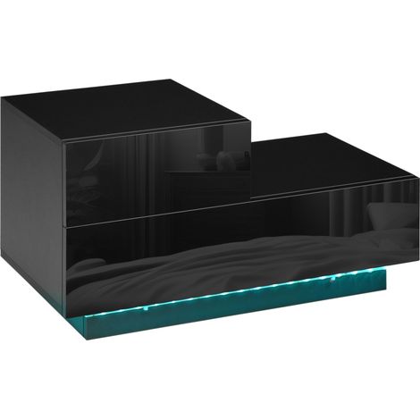 HOMCOM High Gloss Front Bedside Table Nightstand with LED Light Remote Black (1/5)
