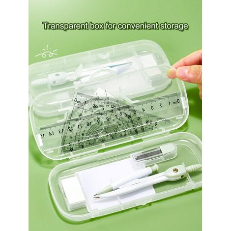 Set de 7 pièces : compas, règle, rapporteur, triangle, rapporteur d'angles et porte-stylo, adapté pour l'école, les examens et l'apprentissage. Modèle vert. (1/5)