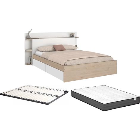 Lit 140 x 190/200 cm avec 4 tiroirs - Coloris : Naturel et blanc + Sommier + Matelas - TILONIDE (1/5)