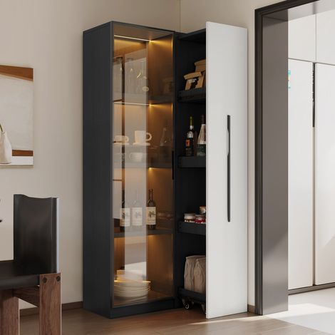 Vitrine multifonction 70x40x160 cm avec porte verre trempé, cadre aluminium, tiroir latéral, roulettes et éclairage LED pour salle à manger, noir blanc (1/5)