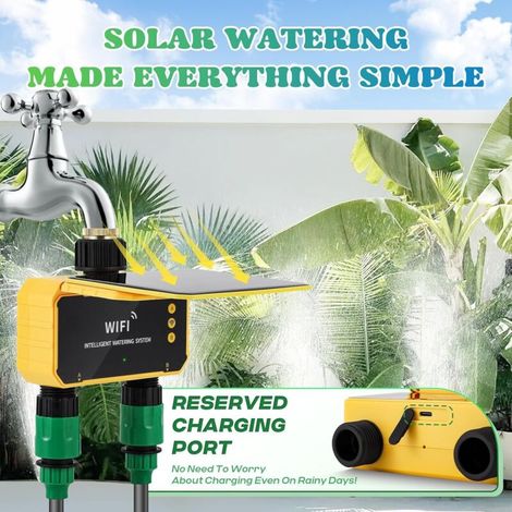 Jeffergarden Programmateur d’arrosage WiFi 2 zones – Contrôle par app, retard pluie, filtre précis – Alimentation solaire pour jardin, balcon, toit – Gestion intelligente de l’eau (1/5)