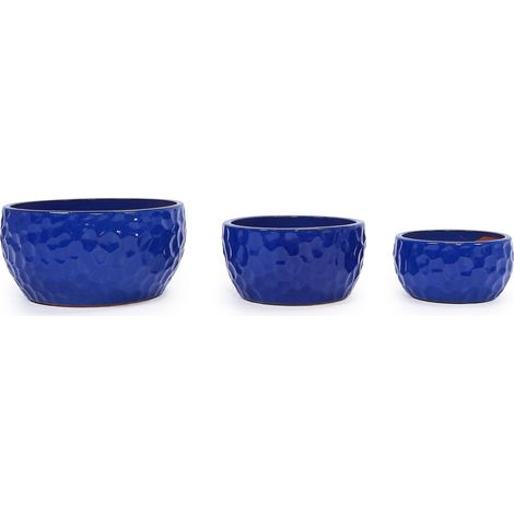 Lot de 3 pots de fleurs en céramique faits à la main (Ø 38,1/30,5/25,4 cm), finition bleu cobalt à motif martelé, idéal pour succulentes/violettes, intérieur/extérieur, rebords de fenêtre/bibliothèque