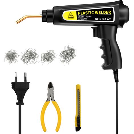 Machine de soudage plastique 70 W, kit de réparation plastique avec agrafeuse à chaud, kit de réparation de fissures de pare-chocs de voiture avec pince, couteau et 4 types d'agrafes plates à chaud. (1/5)