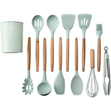 Juego de 11 utensilios de cocina, silicona apta para uso alimentario, mangos de madera, antiadherentes, resistentes al calor hasta 250 °C, para cocinar a diario. (1/5)
