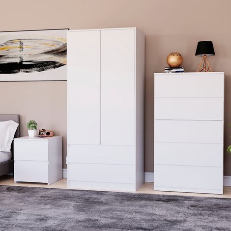 3 Piece Denver Bedroom Set, 2 Drawer Large Bedside Chest, 5 Drawer Chest, 2 Door 2 Drawer Wardrobe, White (1/2)