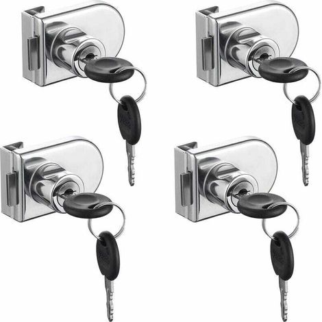 Serratura per porta in vetro, cromata, antiruggine. Serratura di sicurezza ad alta precisione, facile da installare senza forare, adatta per porte in vetro da 5-8 mm senza forare (4 pezzi con 8 chiavi (1/4)