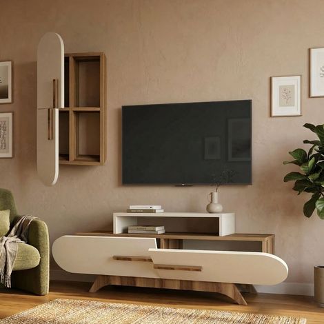 Wandschrank Ossimo, Wohnzimmermöbel, 6 Regale, Modular, Klapptüren, Klappbar, Nussholz Braun (1/4)