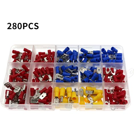 Kit assortment de 280 connecteurs électriques isolés en cuivre pour fil: dominos, anneaux, fourches, rapides déconnectables, automobiles étanches (1/3)